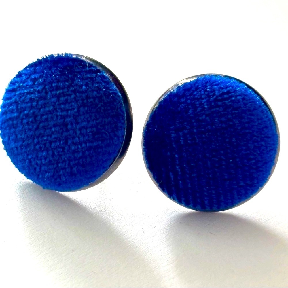 Blue Velvet Fabric Button Stainless Steel Stud Earrings, NWT, Handmade, Unworn